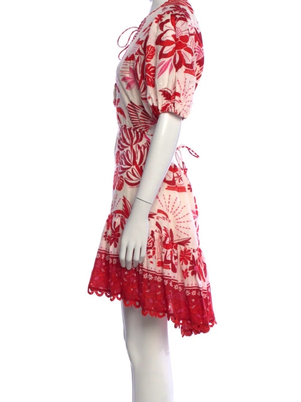 FARM Rio Red Pink Tropical Open Back Puff Sleeve Mini Dress M - Picture 4 of 12